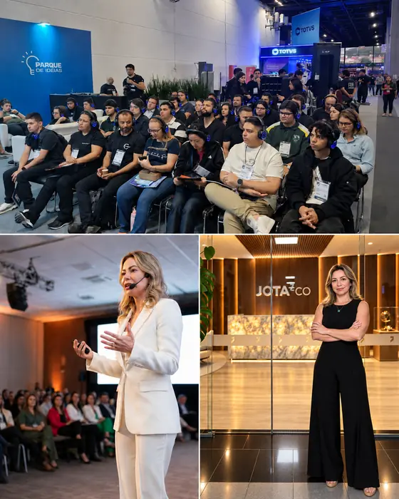 Débora Diniz palestrando para uma plateia e em evento empresarial